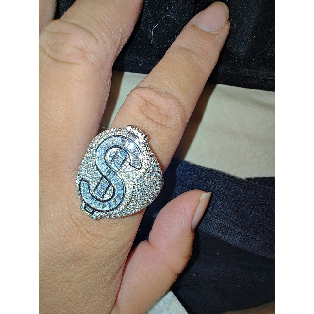 Ring Dollar Sign 925 Sterling Silver Iced Out Baguette CZ Hip Hop Size 10.5